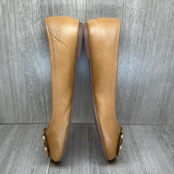 Tory Burch Reva Ballet Flats Womens 8.5M Gold Logo Slip On Pebbled Leather Brown - Picture 9 of 13